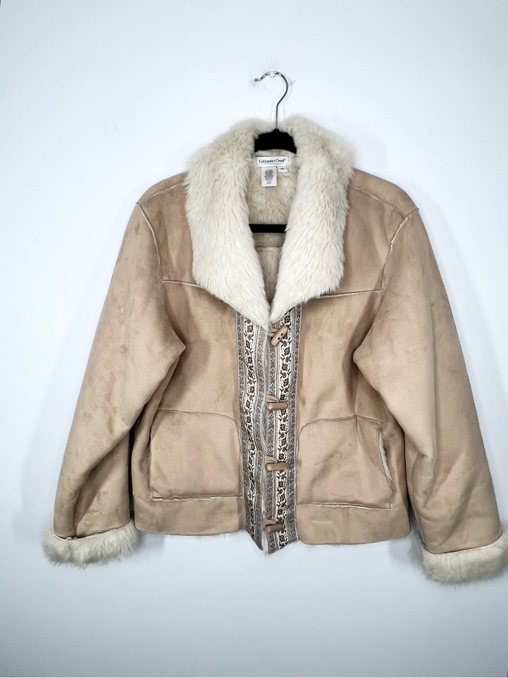 Coldwater Creek Faux Suede Faux Fur Lined Toggle Floral Brocade Medium